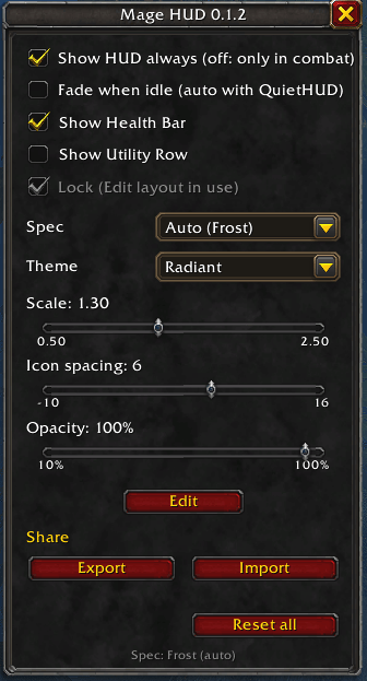The Mage HUD menu