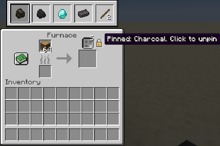 A furnace pinned to charcoal, with the tooltip showing