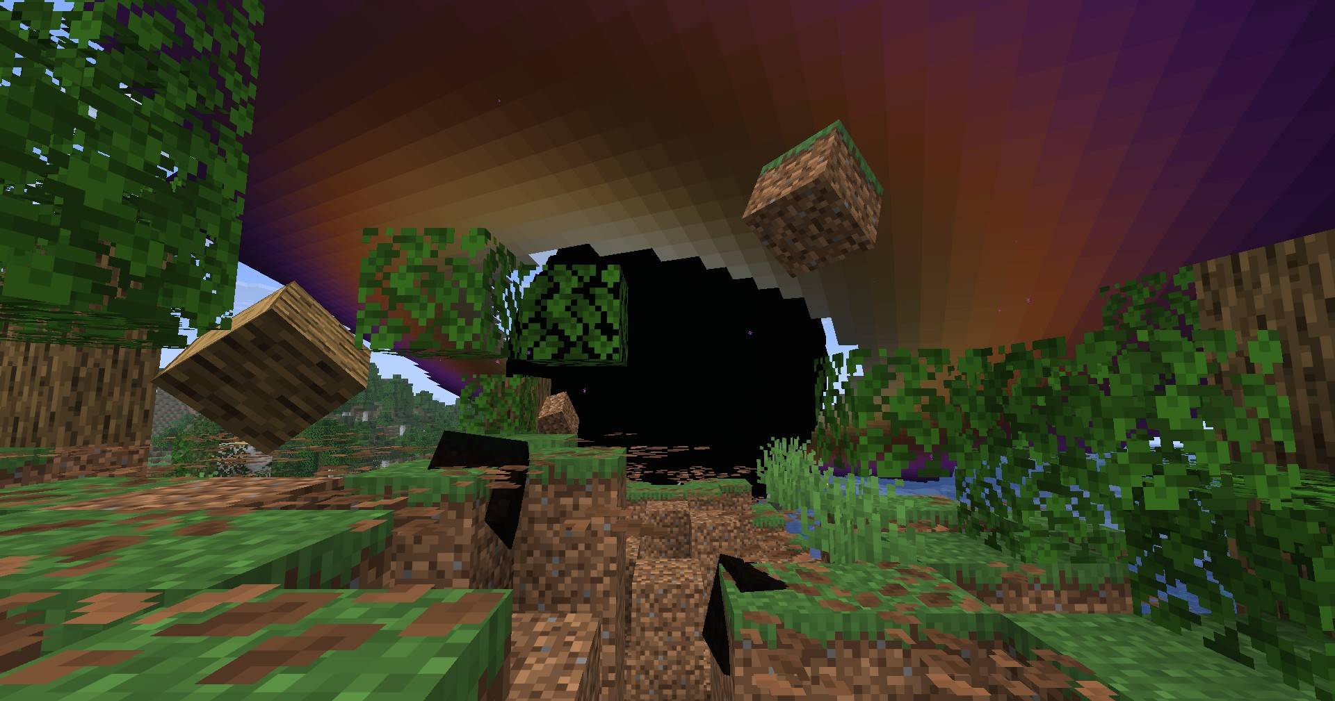 Blocks ripped out of the ground fly into the hole