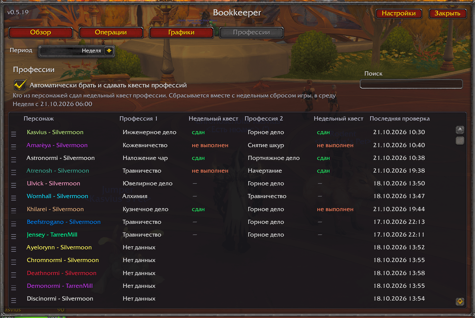 Thumbnail Russian interface: weekly profession quest status across characters, last recorded checks and optional quest automation. / Русский интерфейс: недельные задания профессий, последние проверки и необязательная автоматизация.