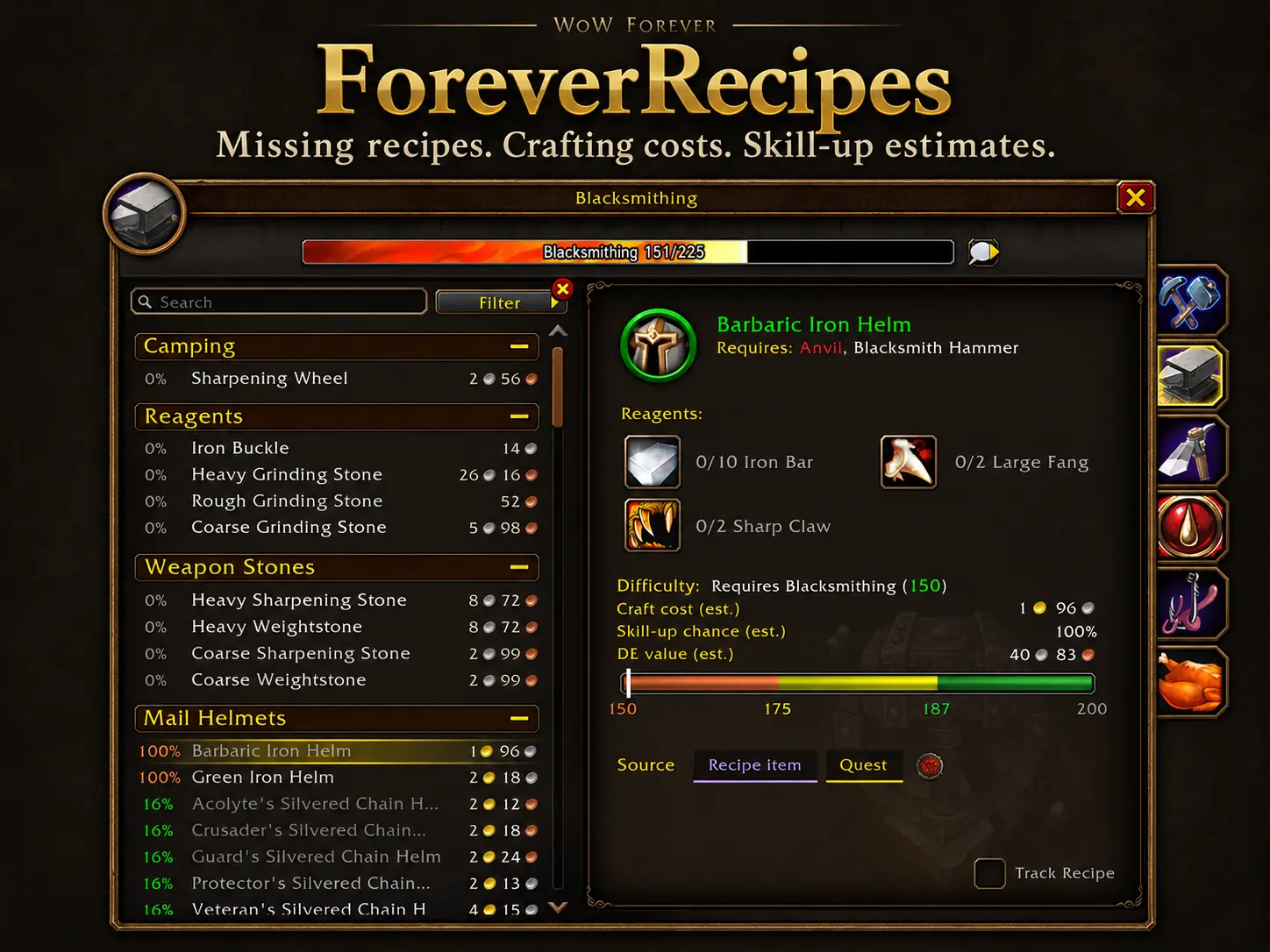 Missing recipes. Crafting costs. Skill-up estimates.