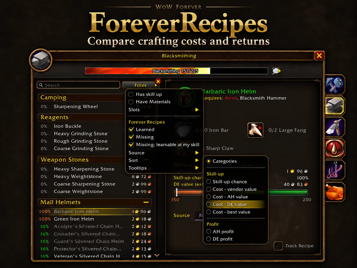 Compare crafting costs and returns