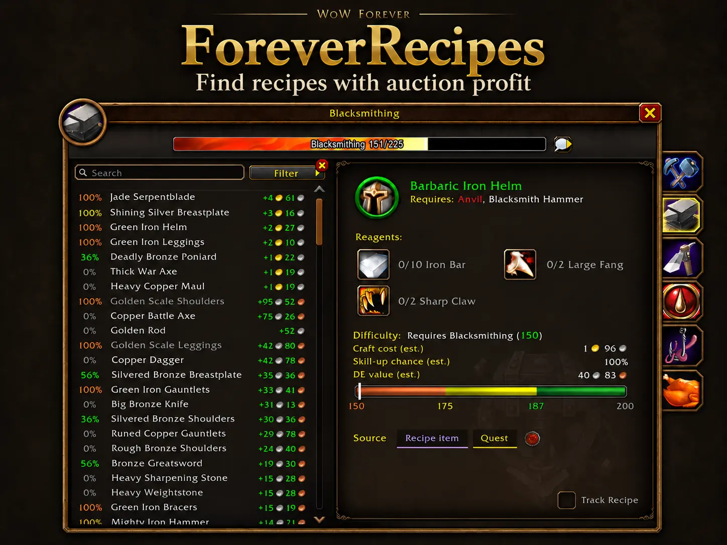 Find recipes with auction profit