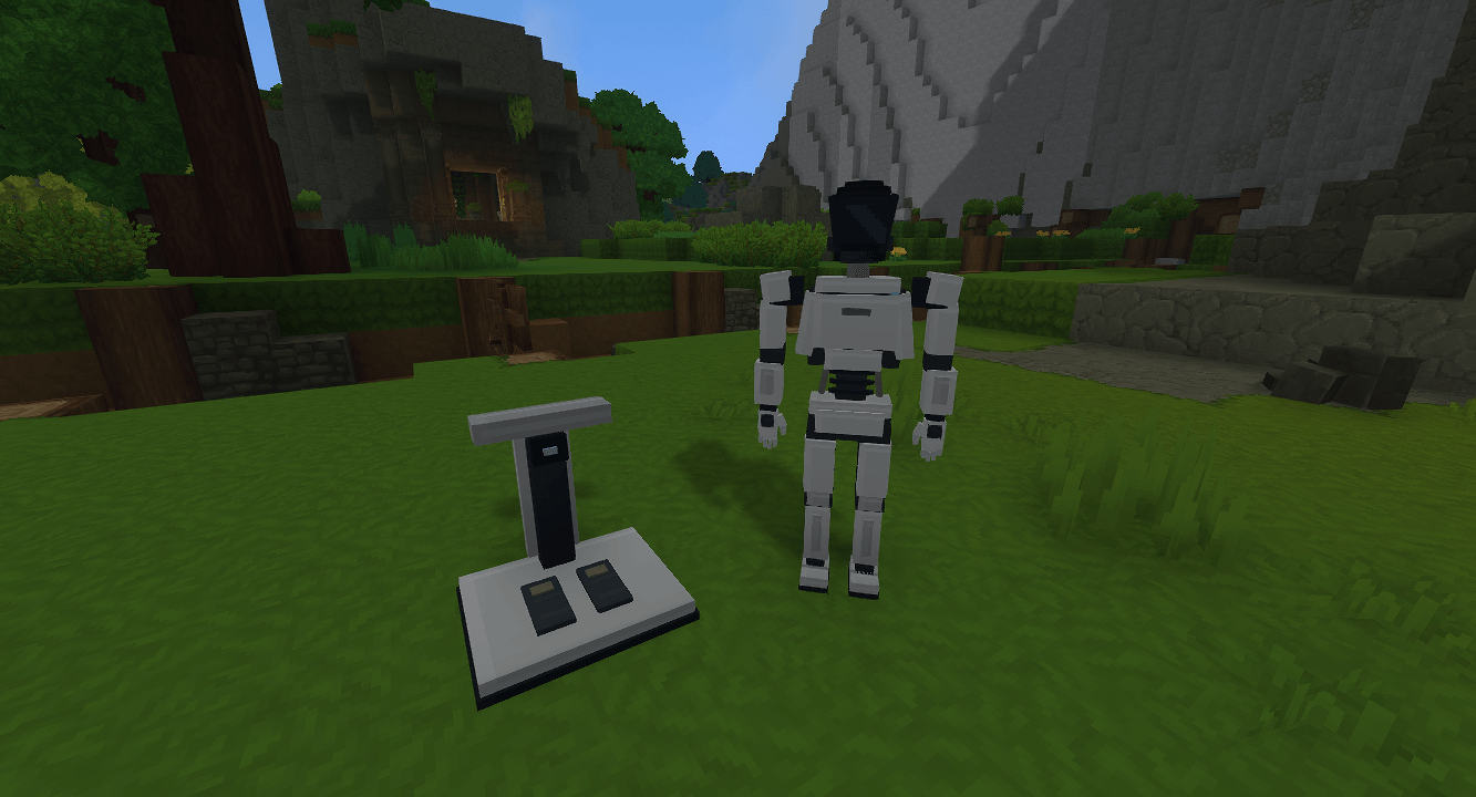 An Optimus robot beside the Optimus Assembly Dock in Hytale