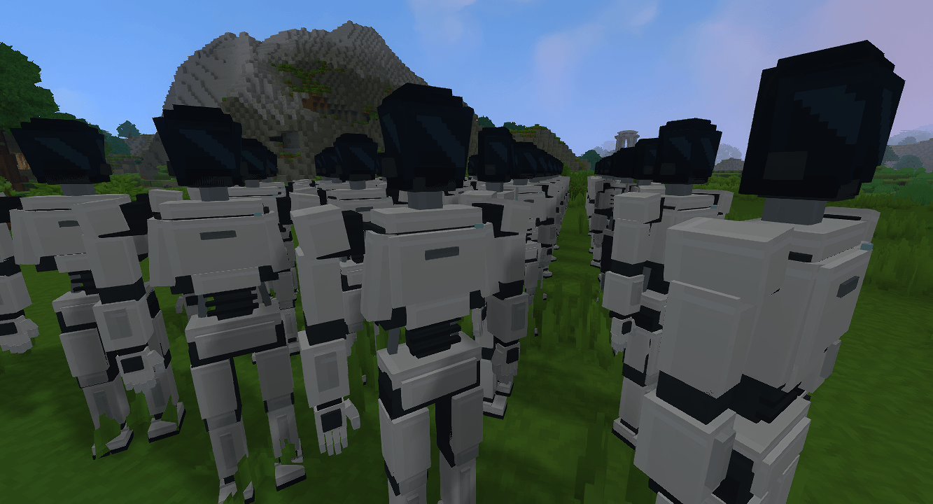 Optimus robots deployed together outdoors in Hytale