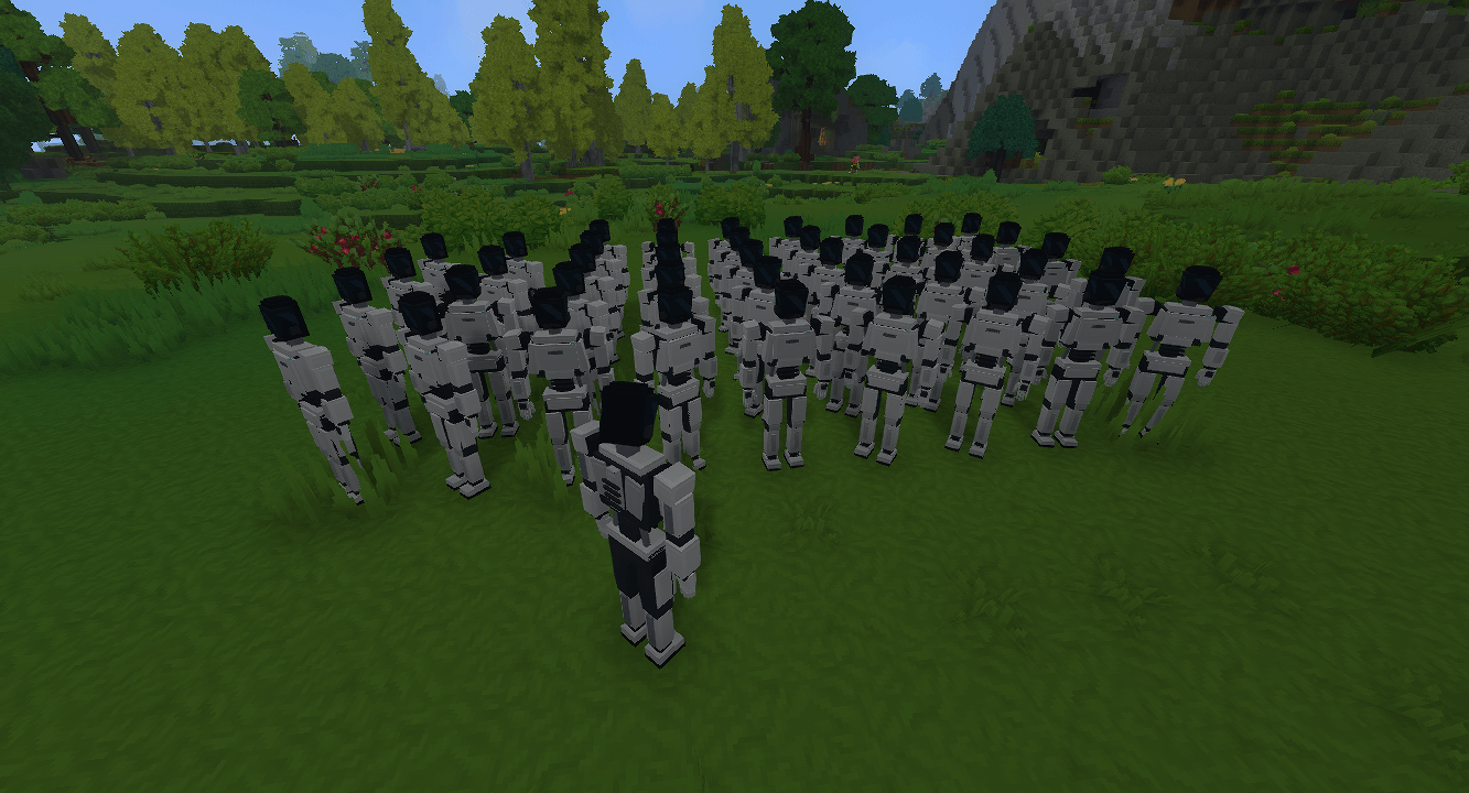 A large deployed Optimus fleet in a Hytale landscape