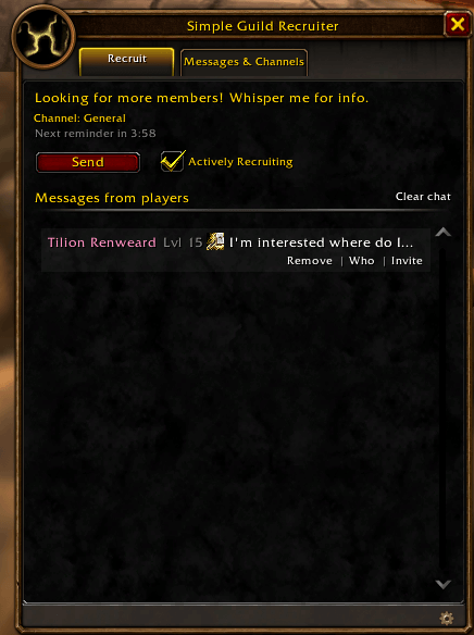 Thumbnail Send messages and keep track of whispers while actively recruiting