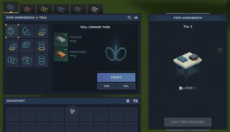 Pipe Workbench with six colour tabs and native crafting recipes
