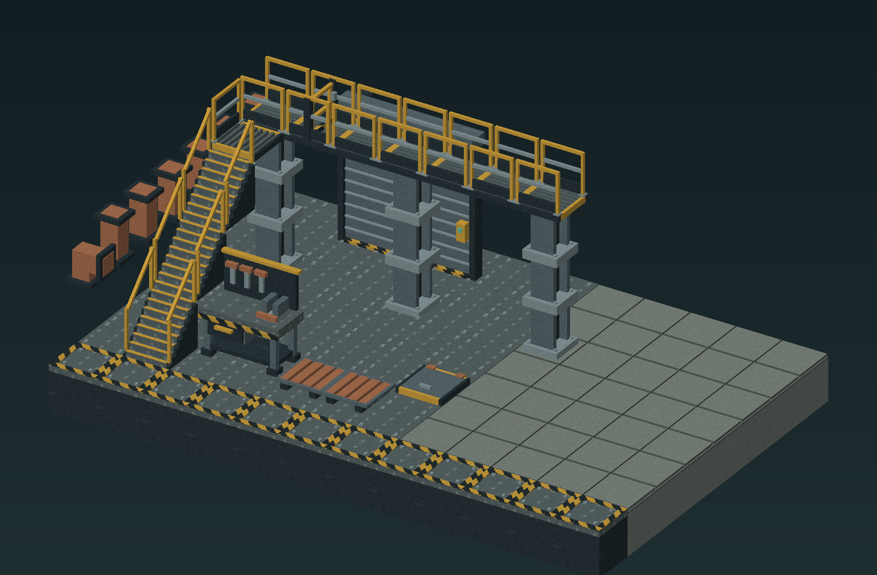 Original Foundry Floor model render with steel floors, safety edges, stairs, catwalks, shutter and workbench.