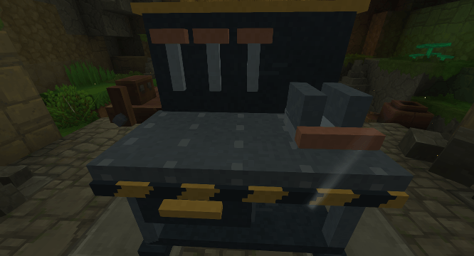 Foundry Workbench captured in Hytale, with a steel worktop, tool board, drawer and vice.