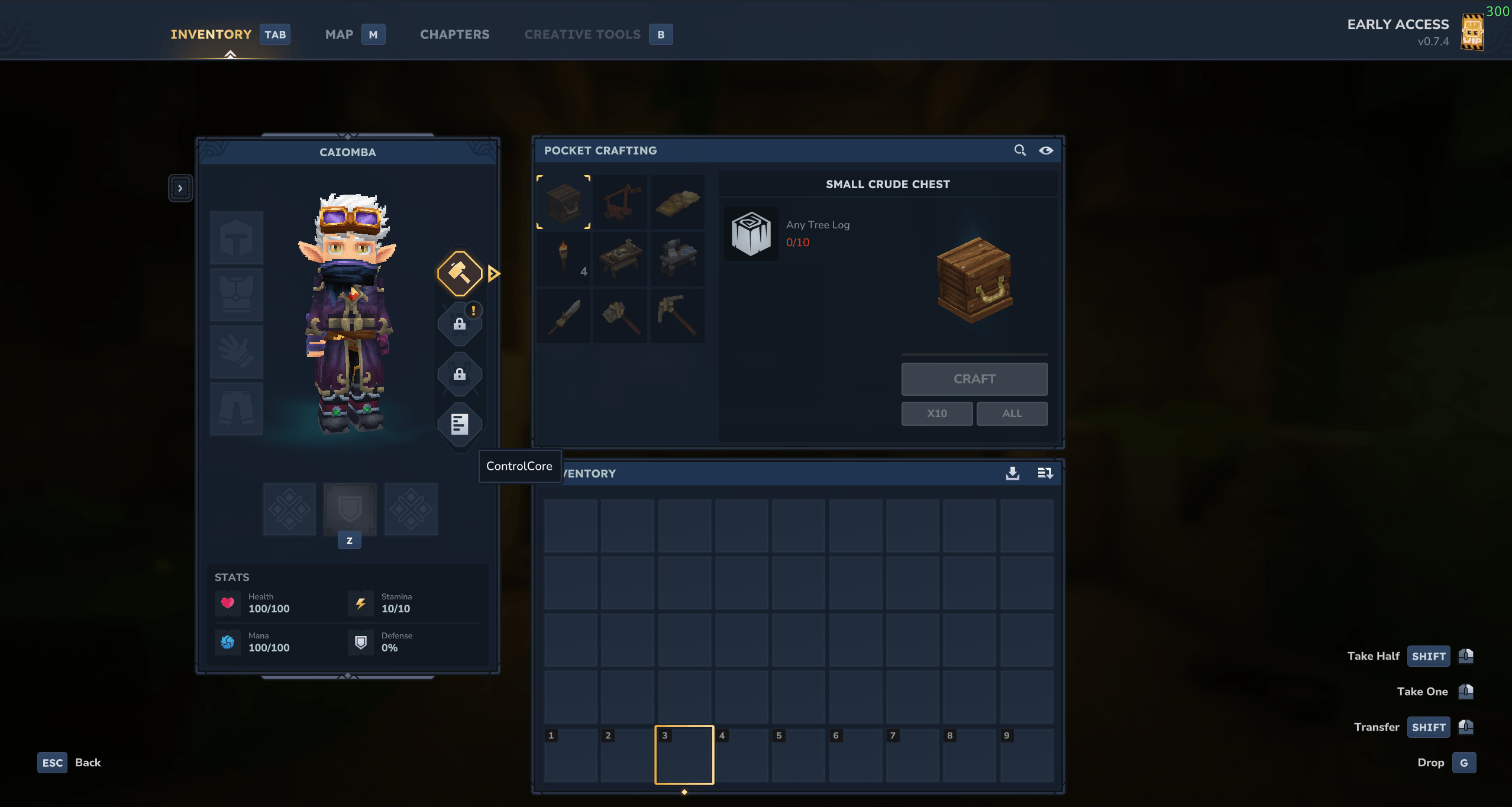 The ControlCore button in CustomInventory