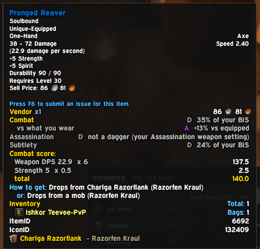 Every item is graded for each of your specs, compared with your saved BiS, with a second line comparing it to what you wear. Hold Shift to see the score stat by stat, plus where the item drops.