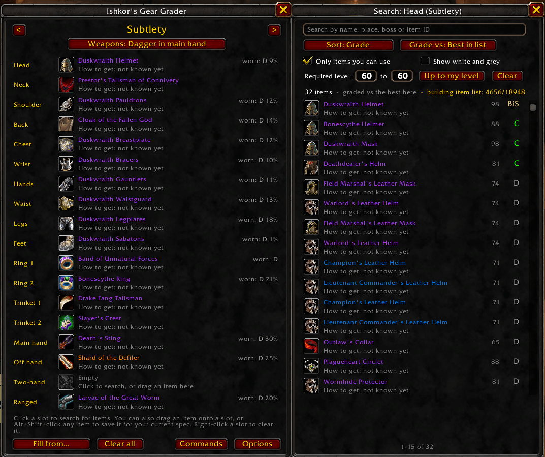 Save a BiS list for each spec. Click a slot to search every item in the game by name, dungeon or boss, filtered by level and sorted by grade. Rogues pick their weapons per spec.