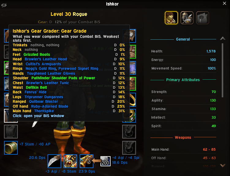 See how close your gear is to your BiS at a glance. Hover the Gear Grade under your level for every slot's grade, weakest first, so you know what to upgrade next.