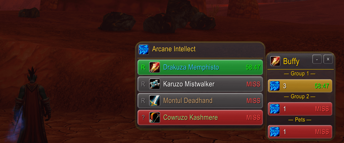 Buffy tracking Arcane Intellect across two groups and pets, with individual member buff status