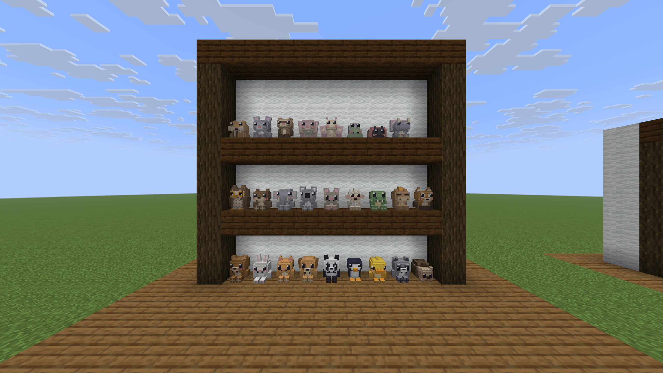 Cute animals displayed on shelves in Minecraft
