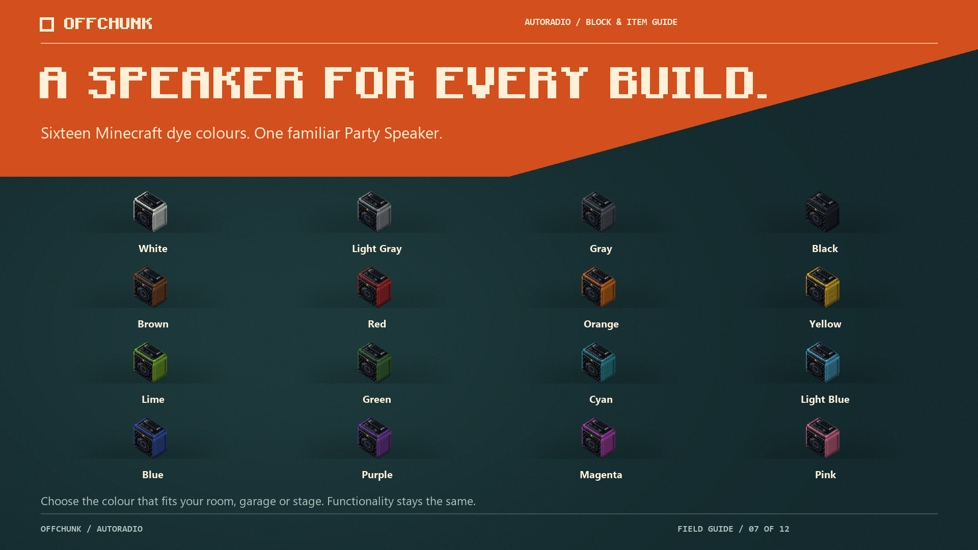 Thumbnail The same Party Speaker in sixteen Minecraft dye colours.