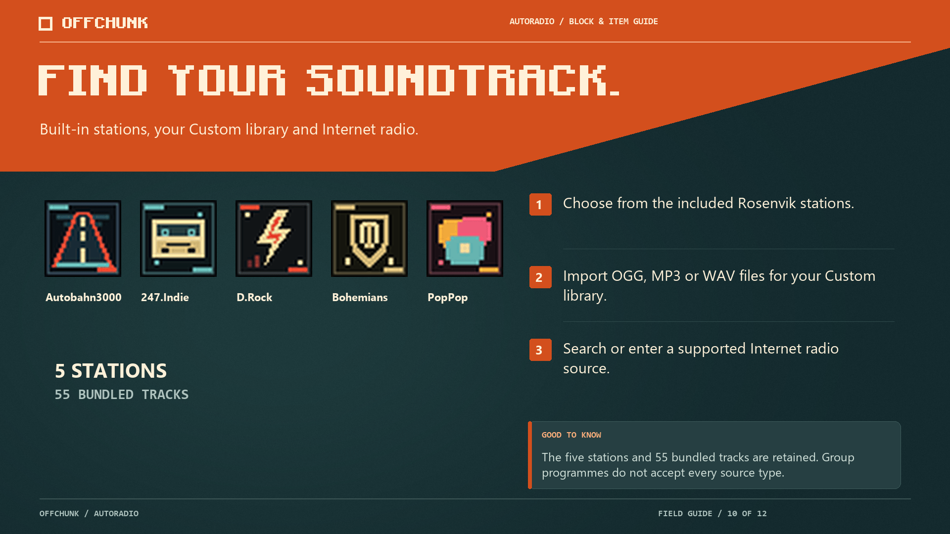Thumbnail Built-in stations, your Custom library and Internet radio.
