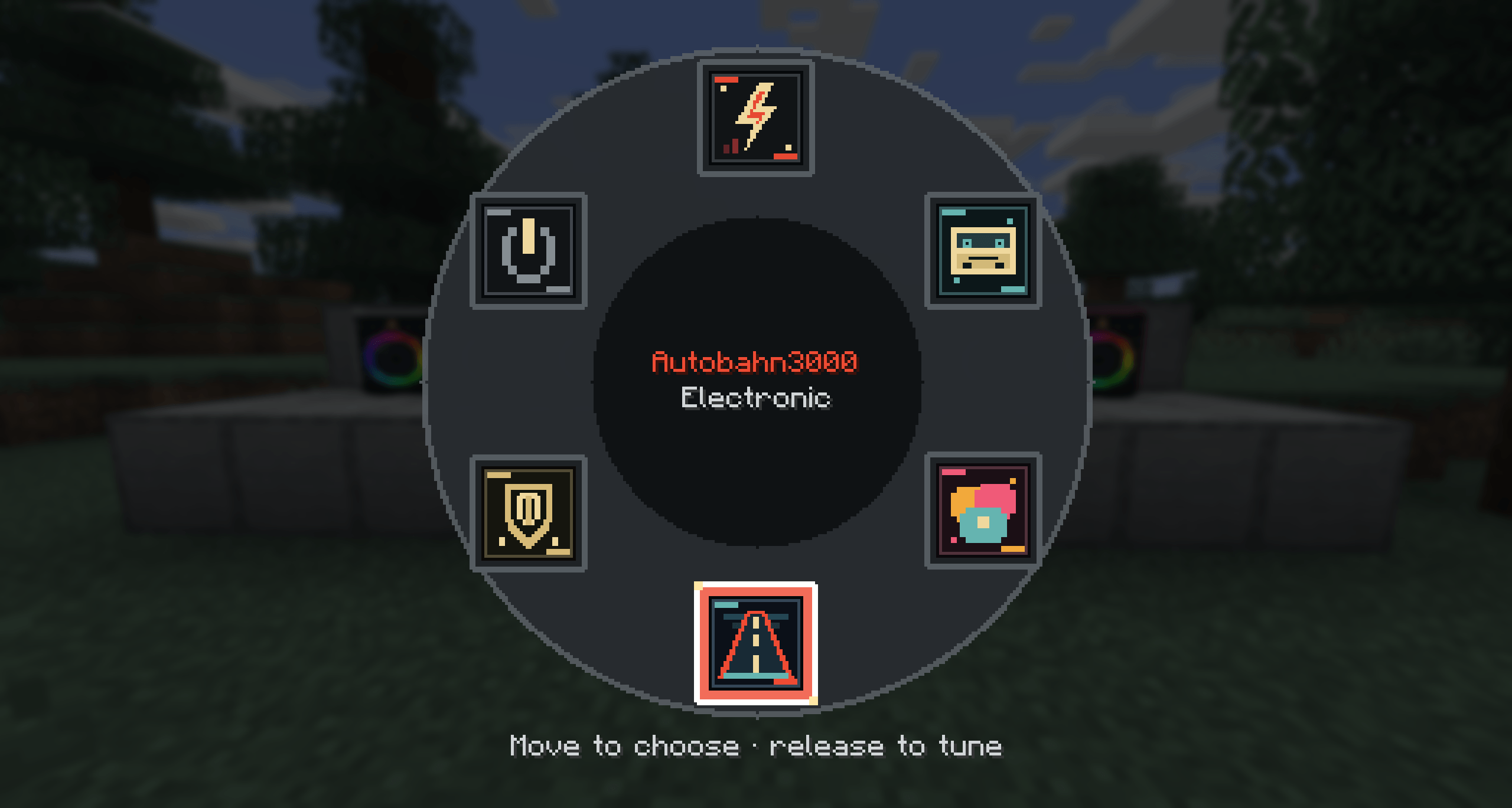 Thumbnail The radial station wheel keeps tuning fast and leaves the road visible behind it. Captured directly in Minecraft 26.2.