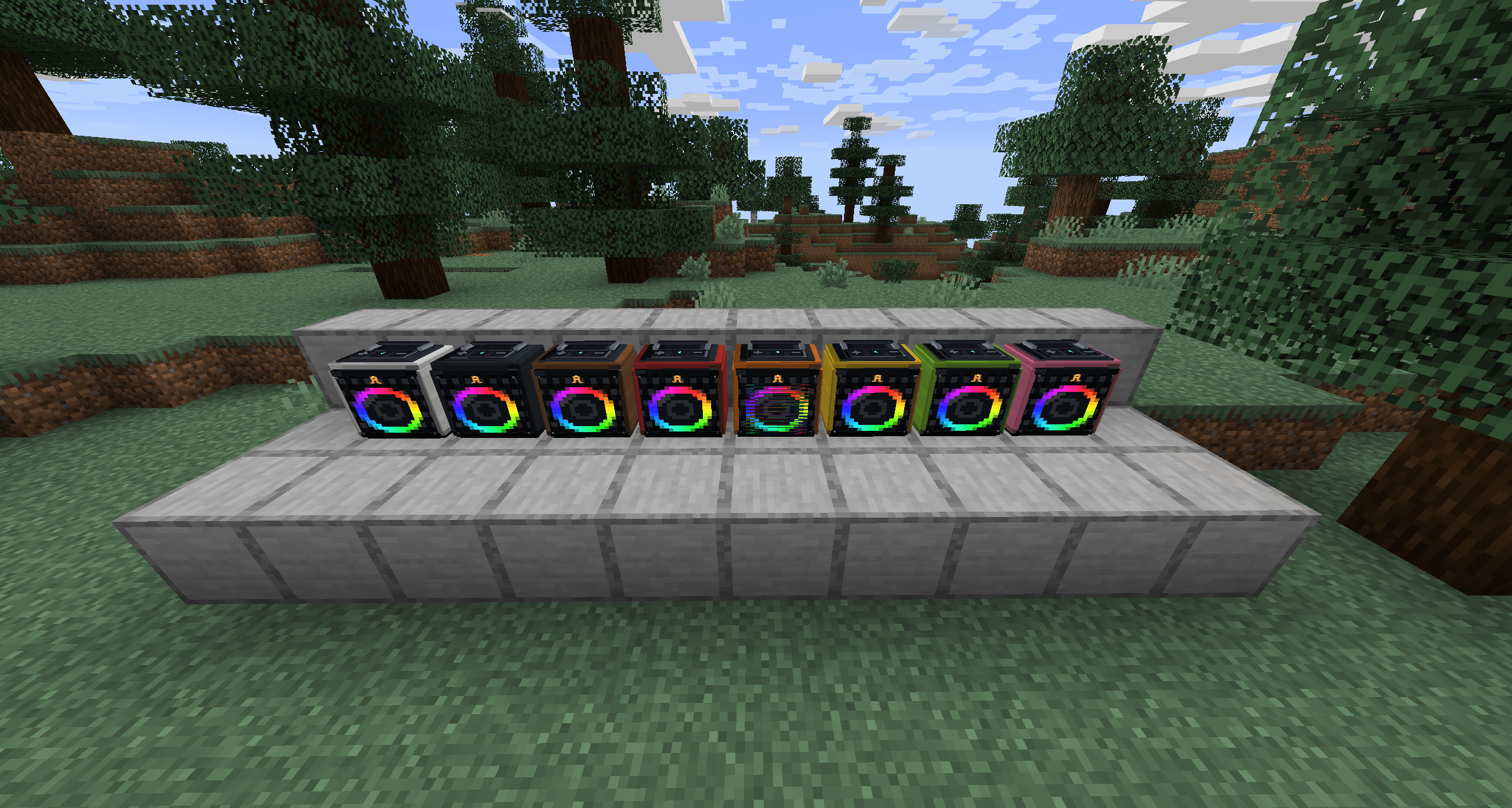 Thumbnail Recolorable Party Speakers with audio-reactive RGB lighting, shown in a real Minecraft 26.2 world.