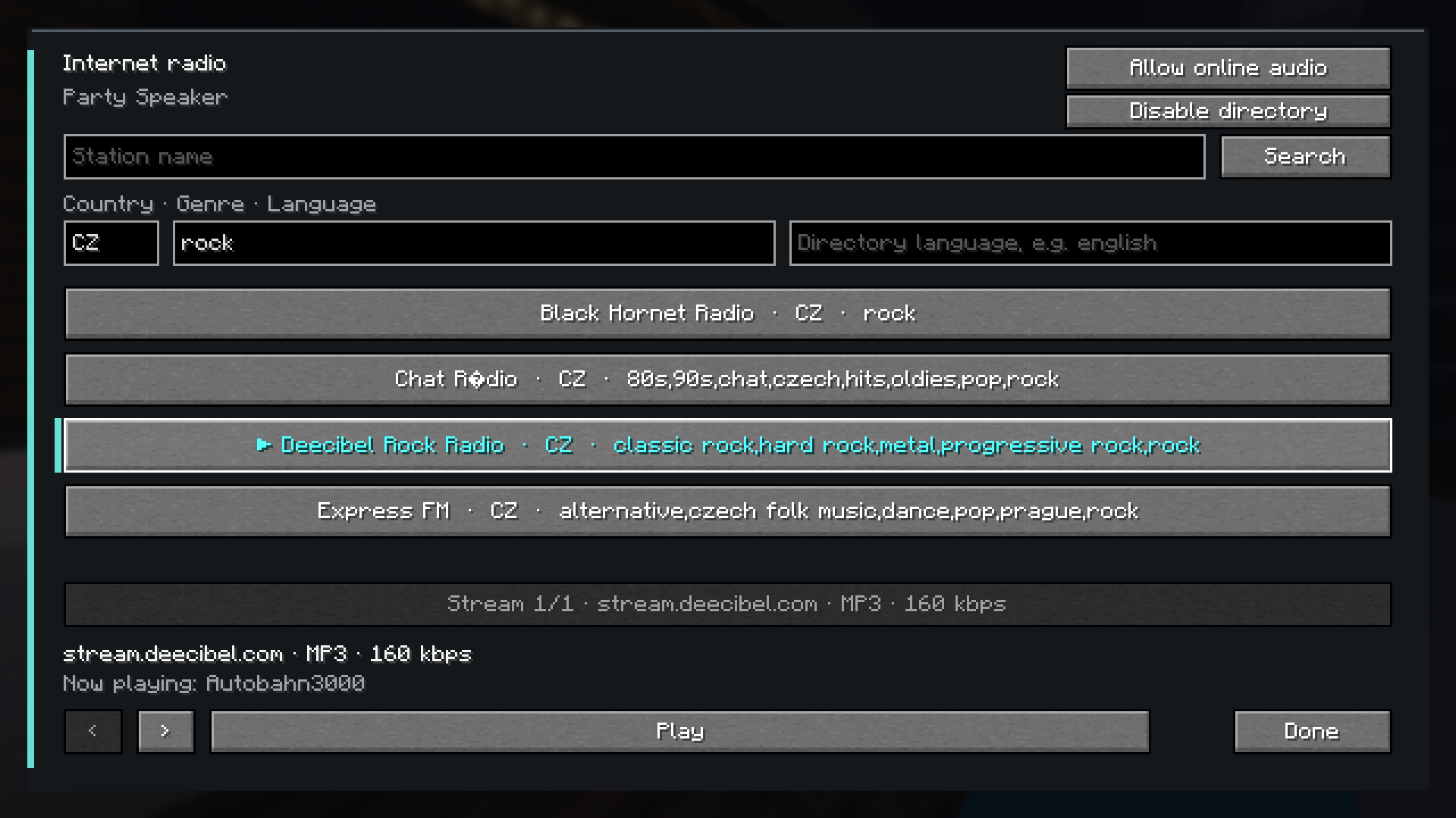 Thumbnail Search the Radio Browser directory by country, genre and language, then choose a stream. Real in-game capture, Autoradio 0.4.0 on Minecraft 26.3.