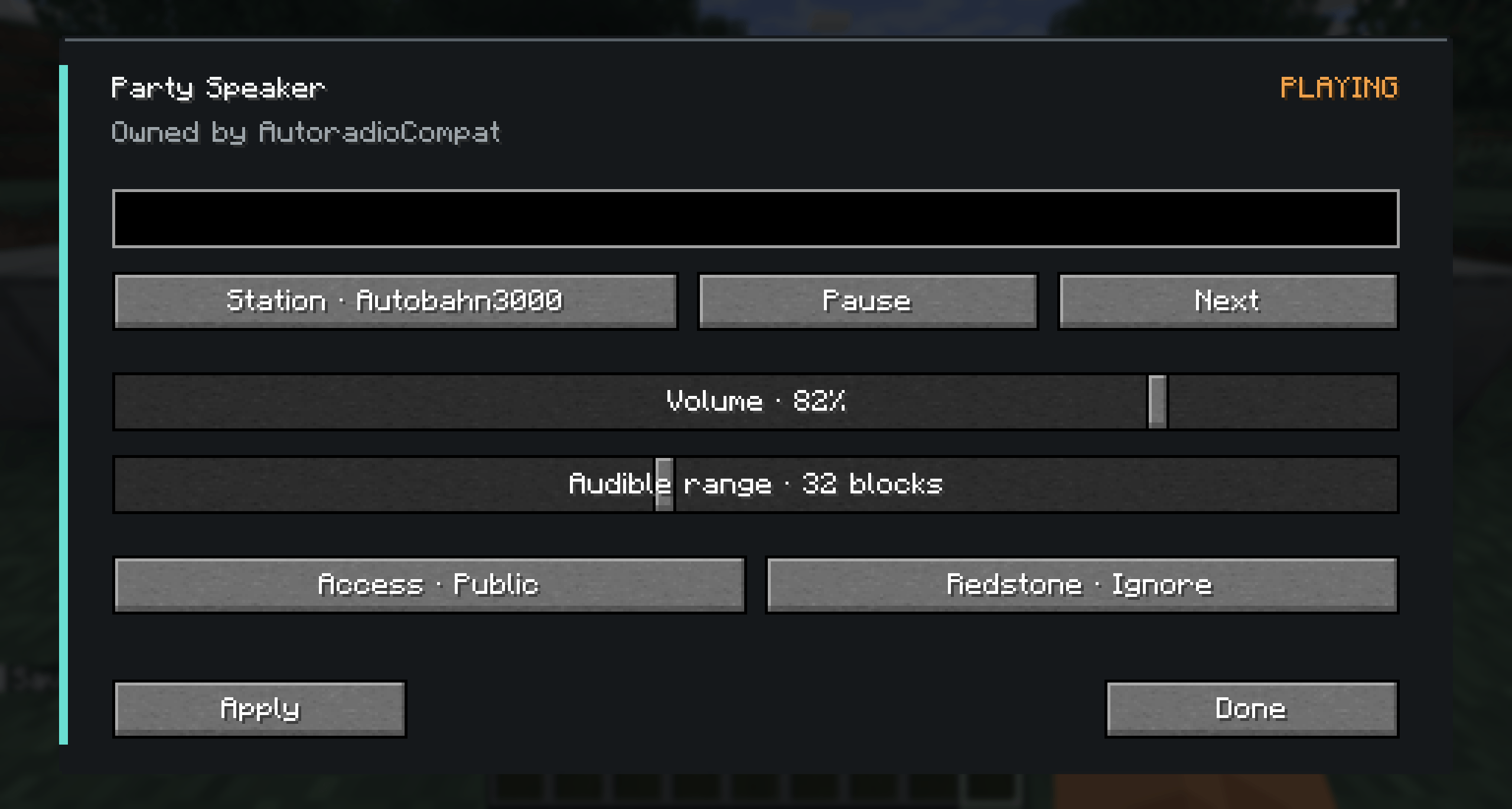 Thumbnail Station, playback, volume, audible range, access and redstone controls for a placed Party Speaker. Captured directly in Minecraft 26.2.