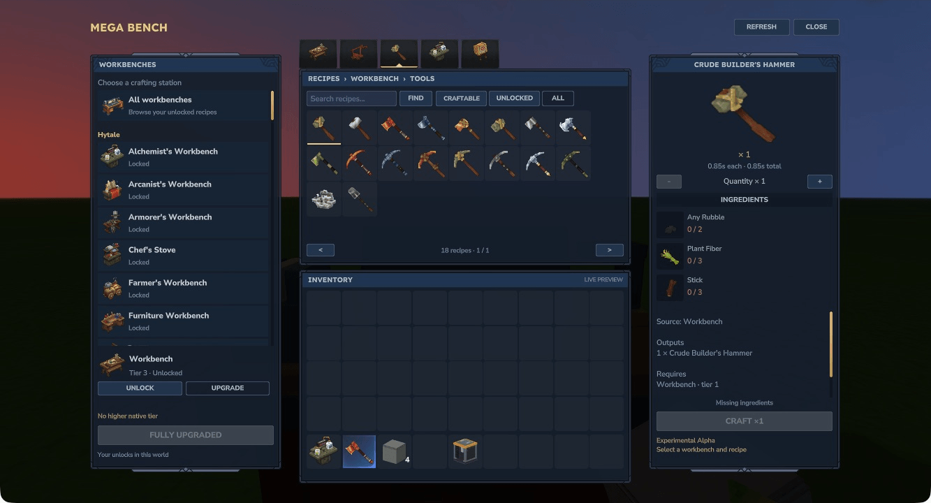 Native crafting interface with personal tier controls on the left and stock tools in the centre
