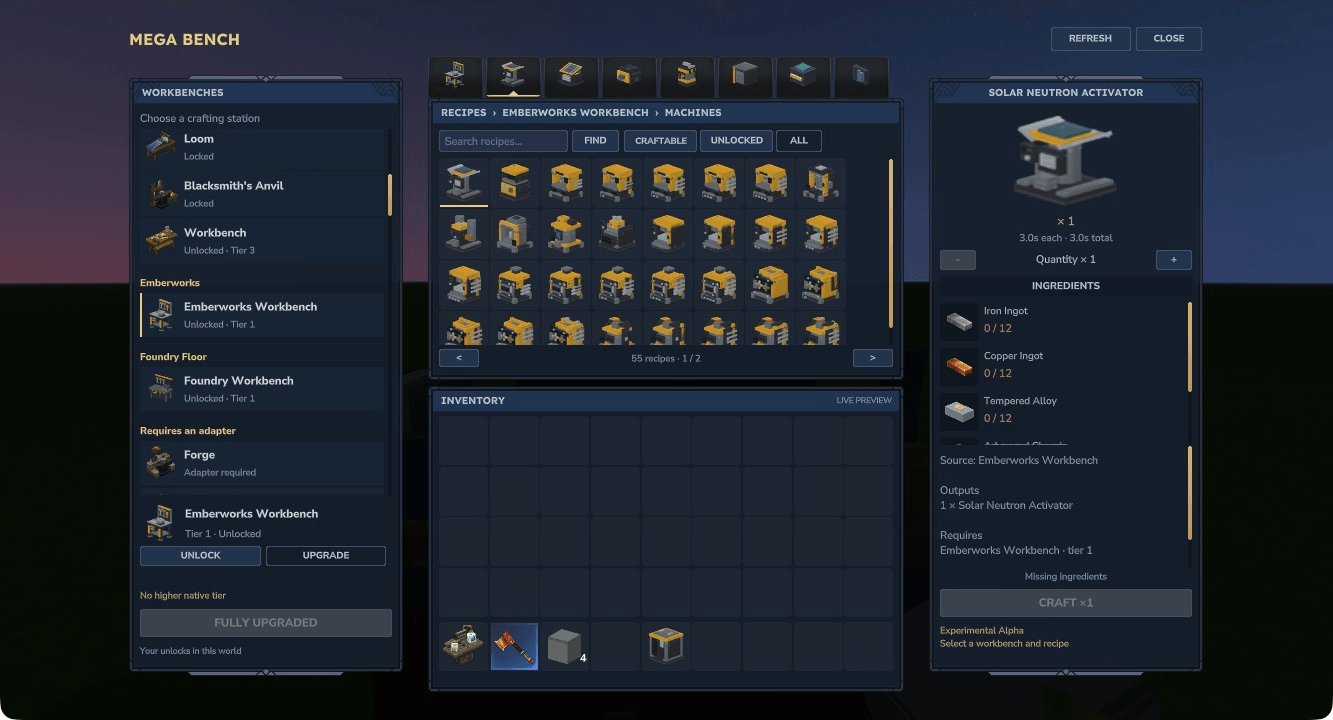 Emberworks original machine recipes and category tabs