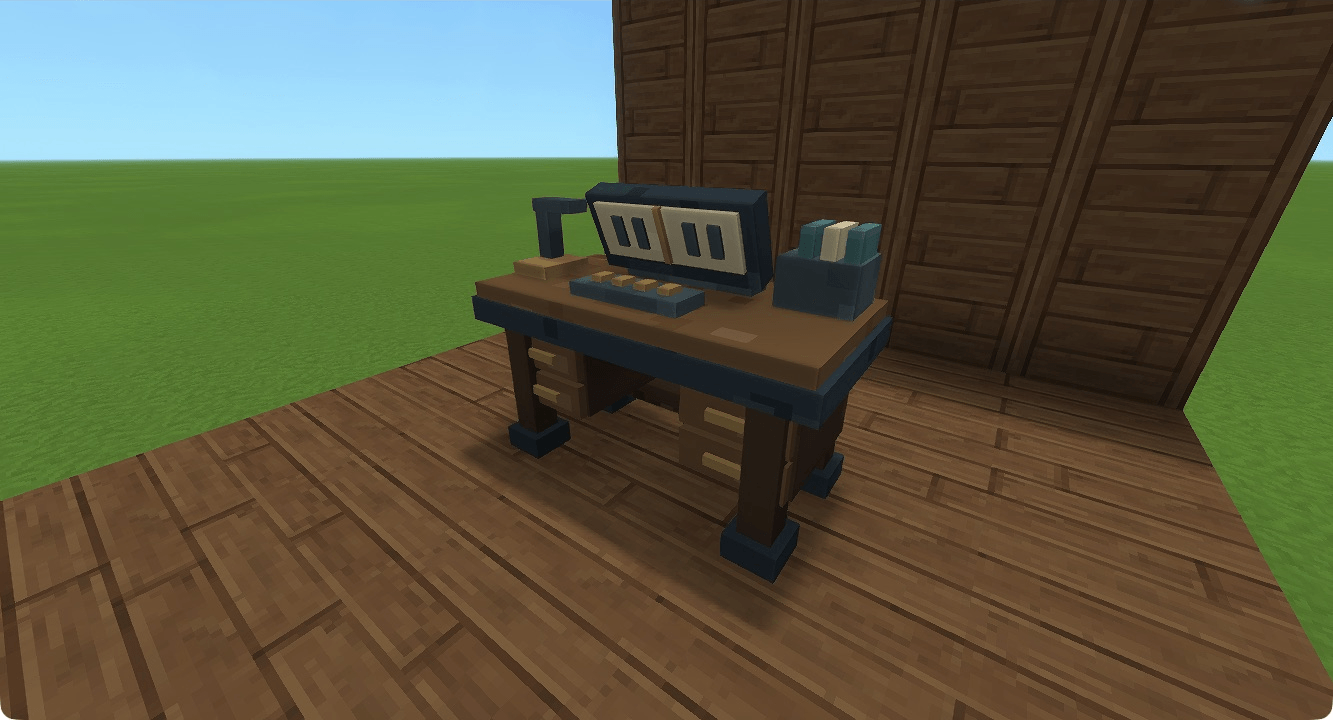 Mega Bench placed on a timber workshop platform in Hytale