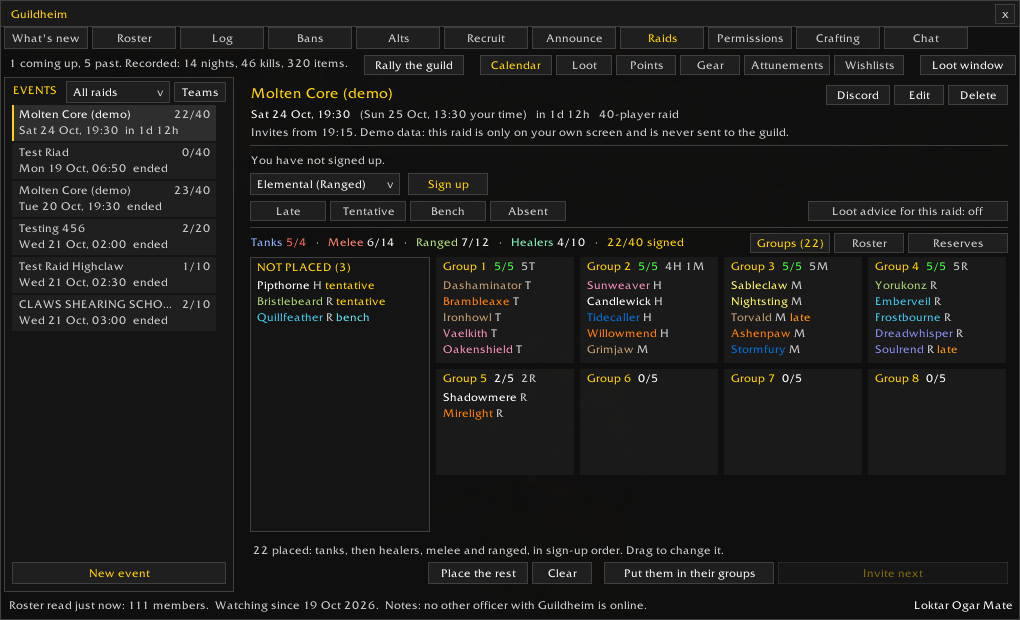 Thumbnail Lay out a raid's groups before the night: one click places tanks, then healers, melee and ranged, in sign-up order; drag anyone to change it. On the night, Invite next and Put them in their groups do the rest. (Shown with /rm demo's practice raid.)