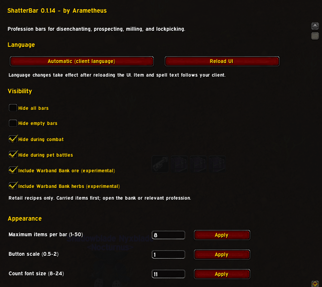 Language selection, visibility, Warband materials, and appearance settings.