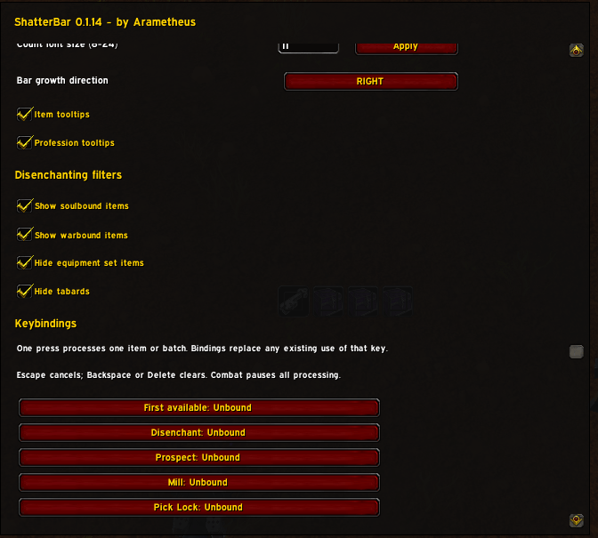 Thumbnail Disenchanting filters and first-item keybindings for each profession.