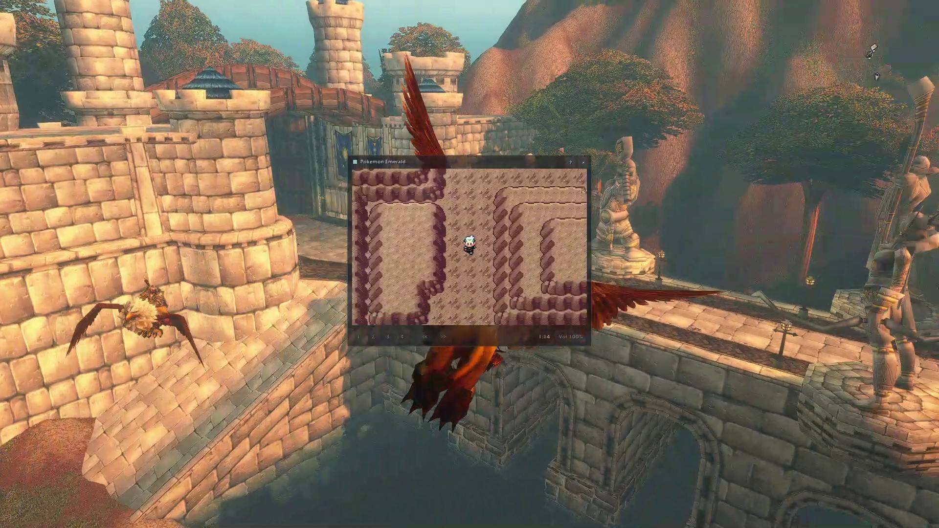 Thumbnail Pokémon Emerald in the see-through window, on a gryphon out of Stormwind.