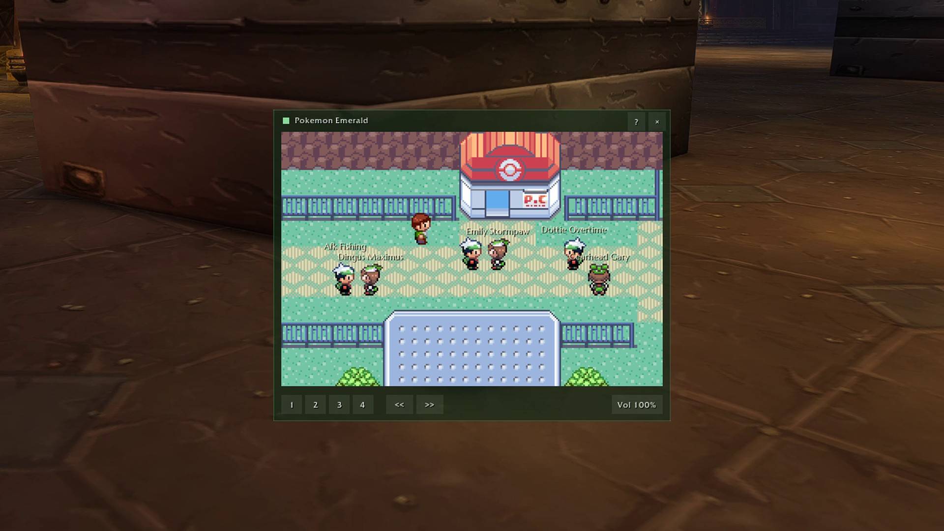 Thumbnail Other MekkaBoy players' trainers outside the Lilycove Pokémon Center, playing together in Together Mode.