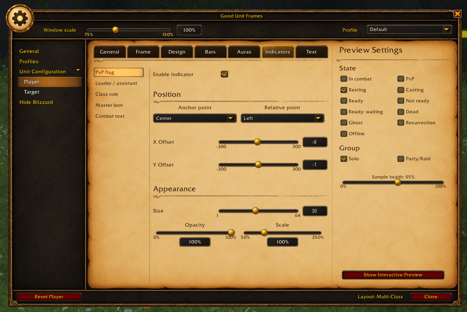 Thumbnail Setup and change different indicators such as PvP Flag, Leader/Assistant Icons, Role Icon, Master Looter Icon and Combat Text.