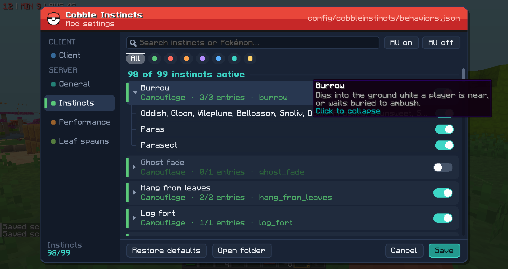 Cobble Instincts in-game configuration screen with search, category filters and individual instinct toggles