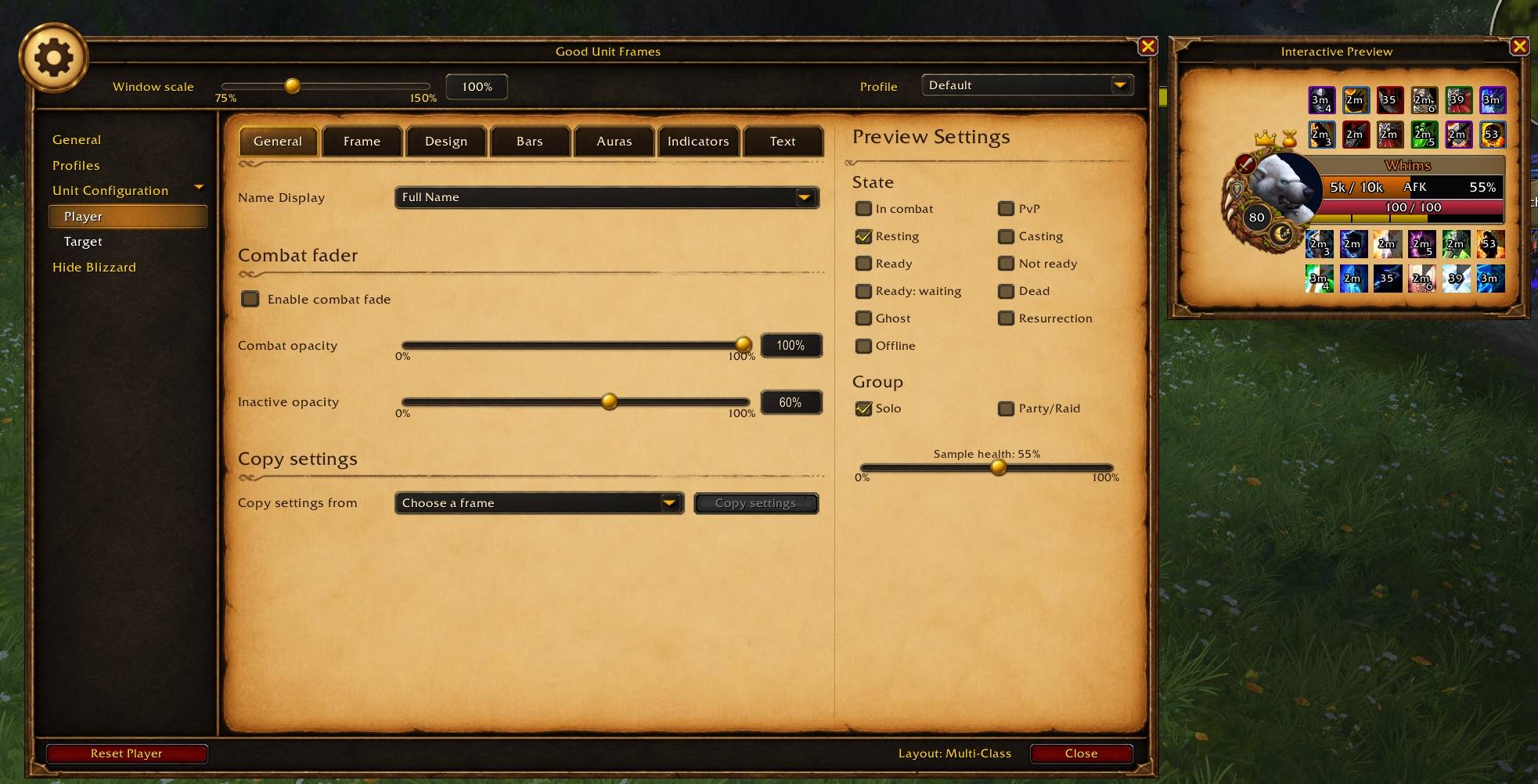 Thumbnail Display your Full Name, First Name, Last Name, enable combat fading and you can copy settings between frames.