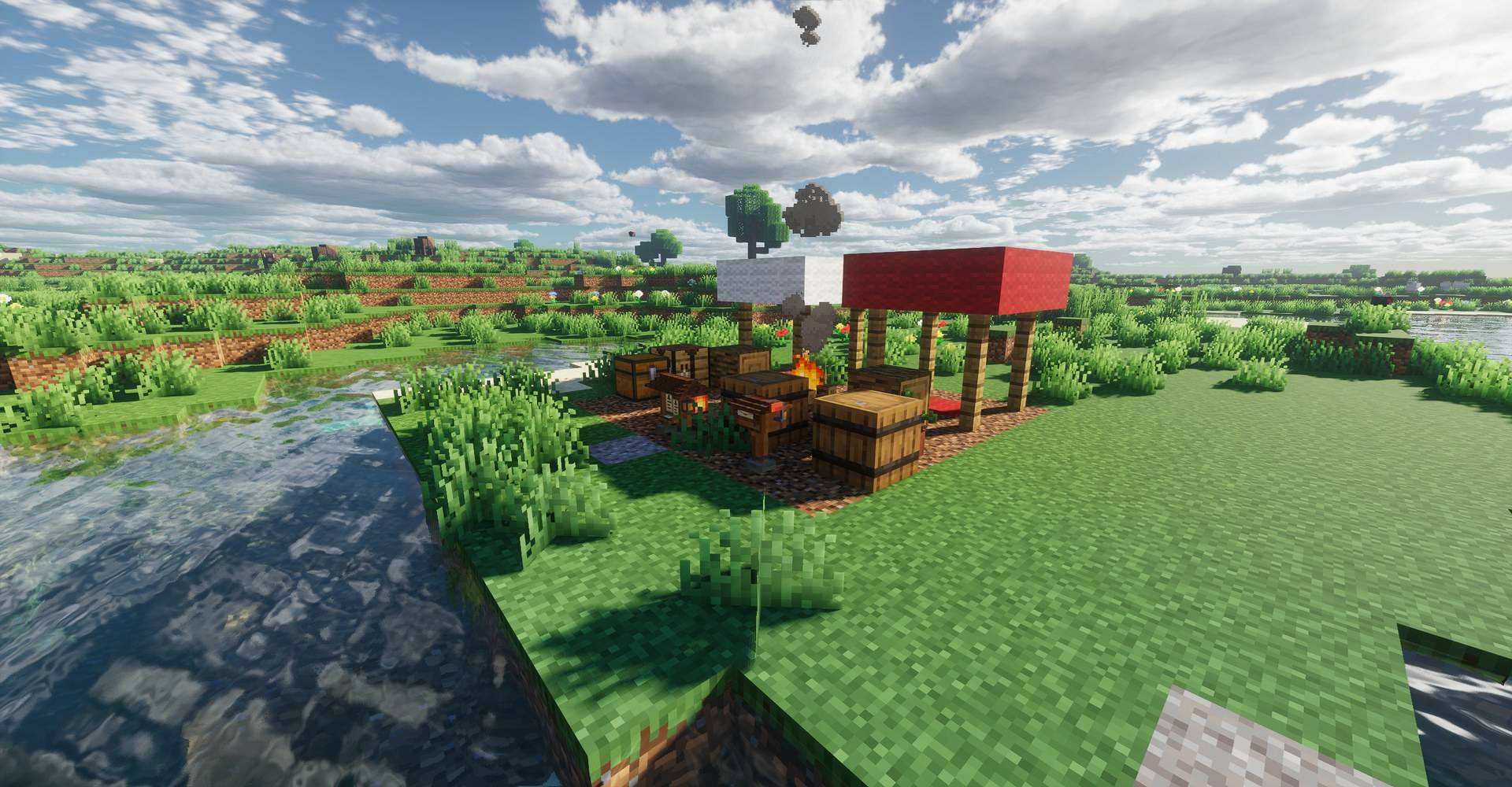 A traveler camp with a quest post and mailbox