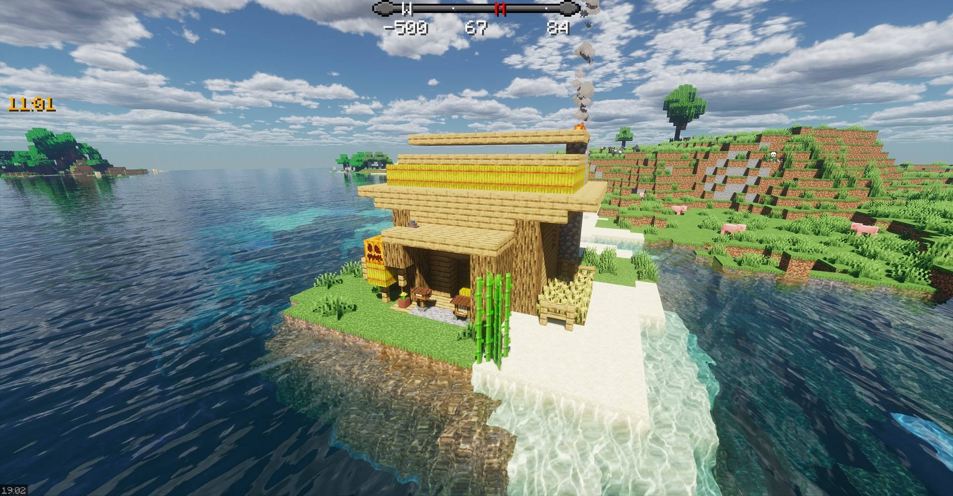 A farmhouse with a mailbox, quest post and crops