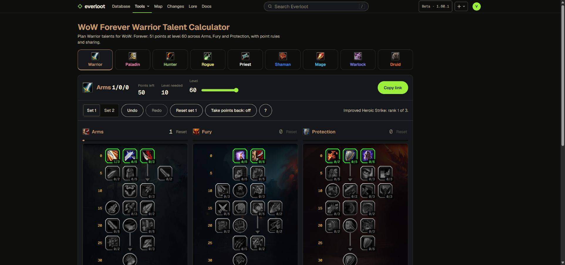 Everloot’s website talent calculator, not an in-game addon screenshot. One point in Improved Heroic Strike demonstrates point totals and sharing, not a recommended build. Game-file talents remain unconfirmed until checked in play.