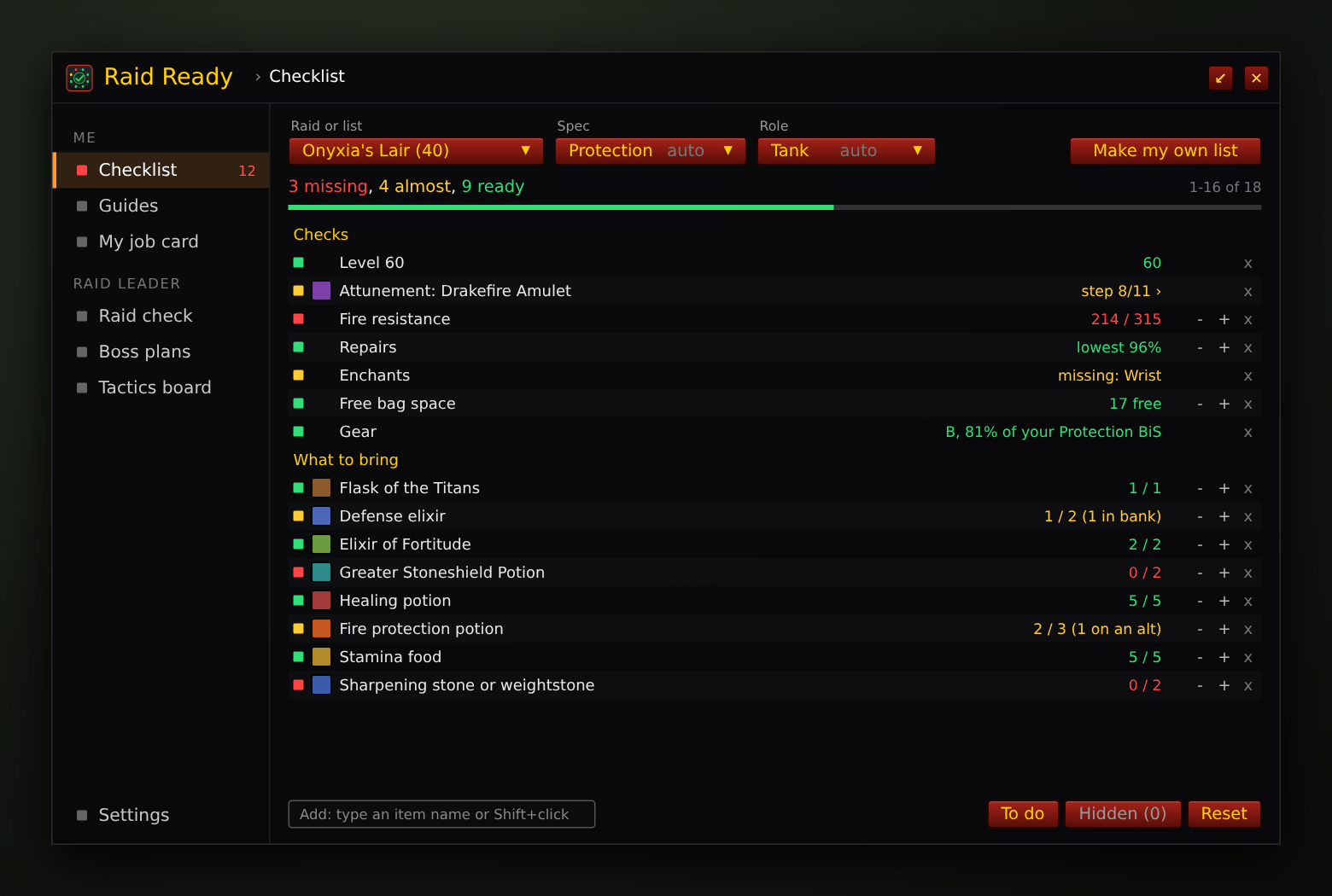 Your raid checklist: green = ready, yellow = almost, red = missing, with the menu on the left for every page.