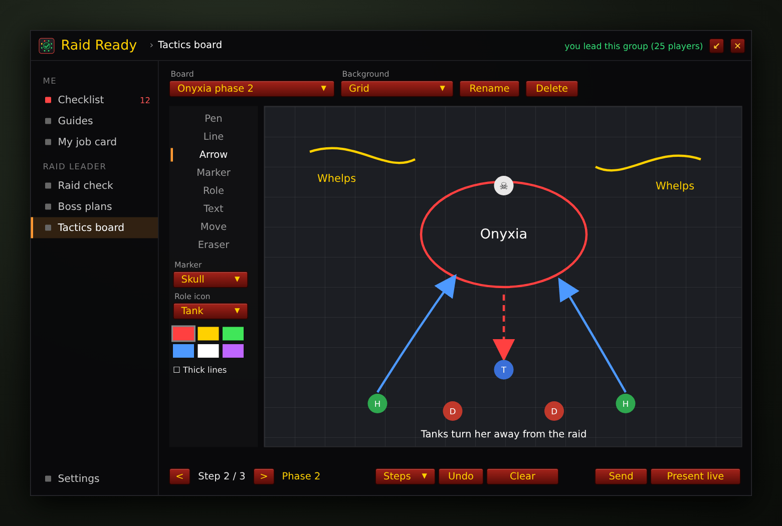 Thumbnail Draw the fight step by step with the tools next to the board. Send it to your raid or present it live.