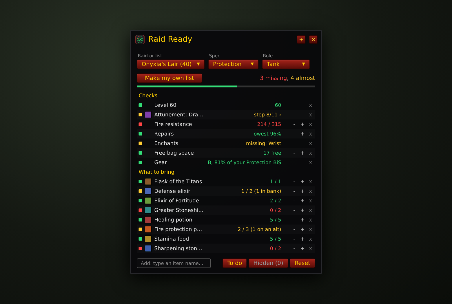 Thumbnail One click shrinks Raid Ready to just the checklist, for a quick look in a raid.