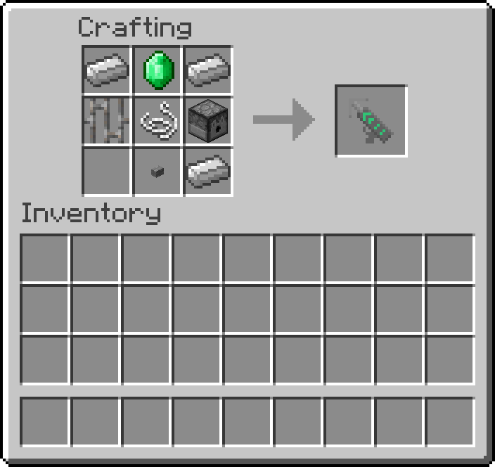Thumbnail Consisting of:
1 Button
1 Dispenser
1 Emerald
1 Iron Bar
3 Iron Ingots
1 String