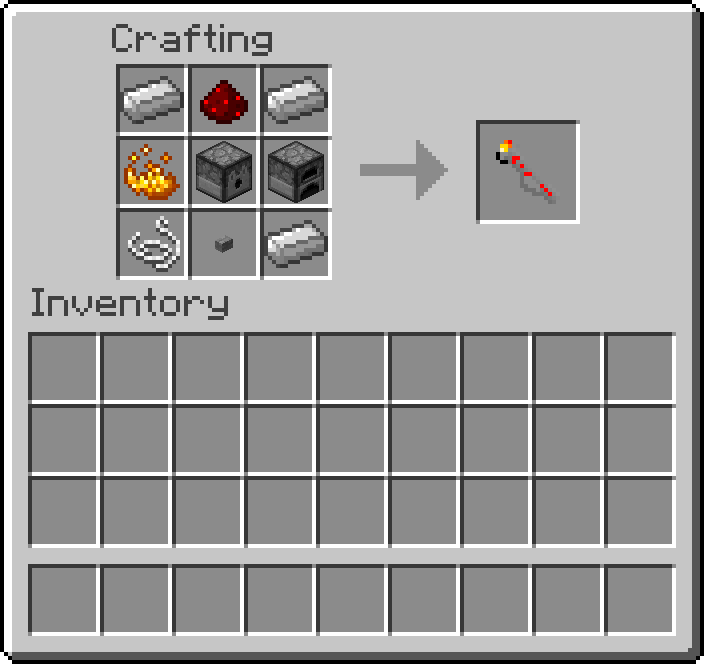 Thumbnail Consisting of:
1 Blaze Powder
1 Button
1 Dispenser
1 Furnace
3 Iron Ingots
1 Redstone Dust
1 String