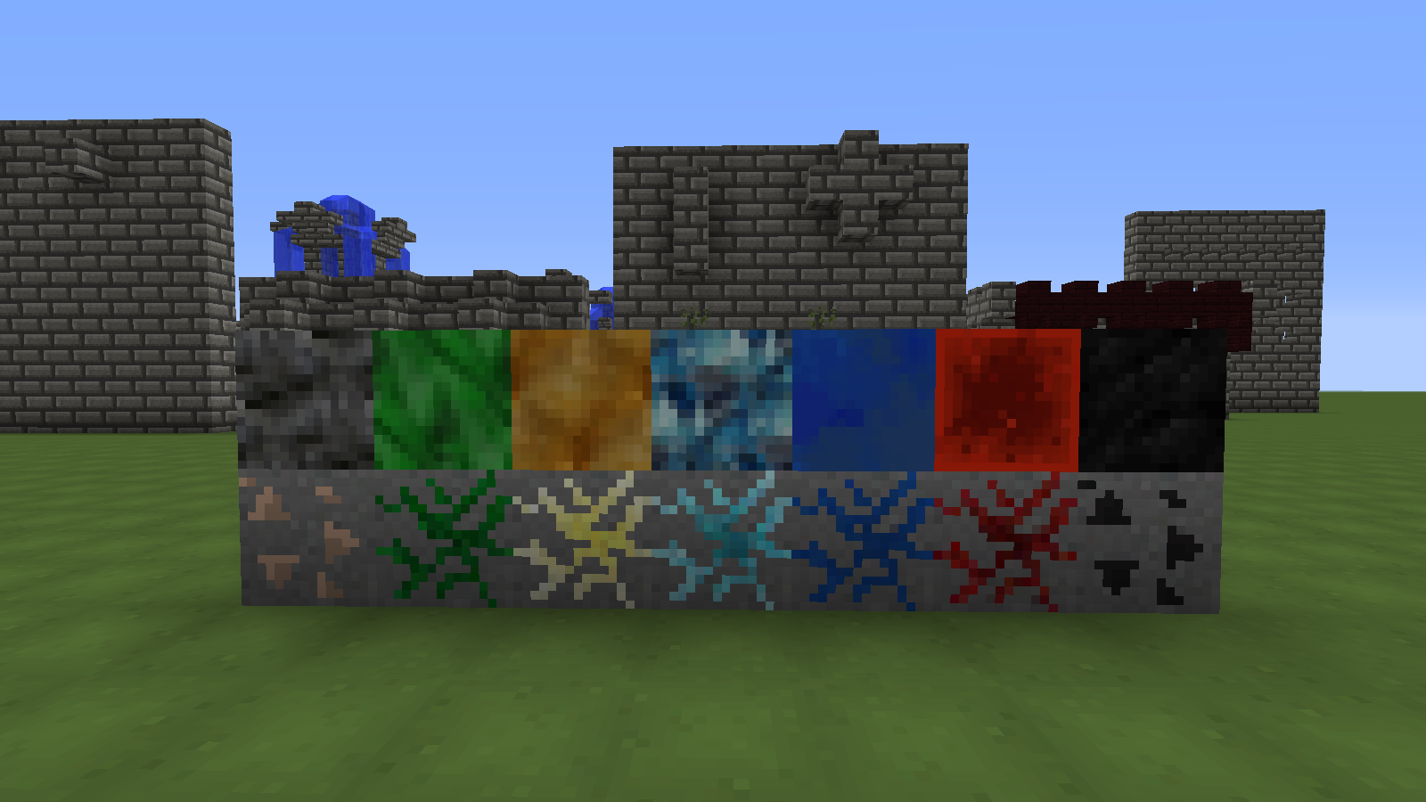 Each of the ores up close along with their respective resource related block. I still don't like Iron but it's something.