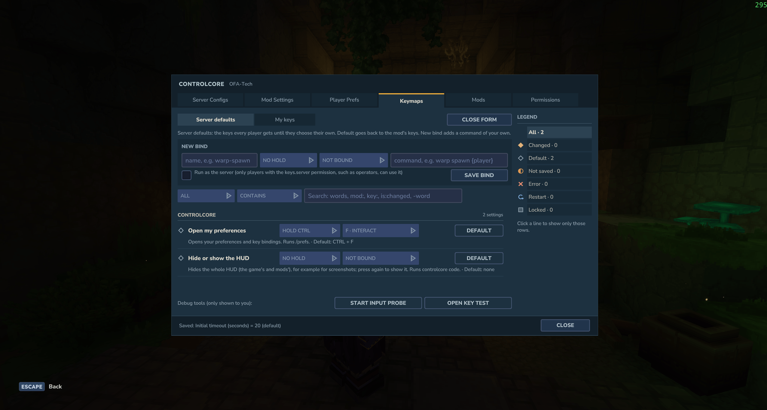 Keymaps: server defaults and the New bind form