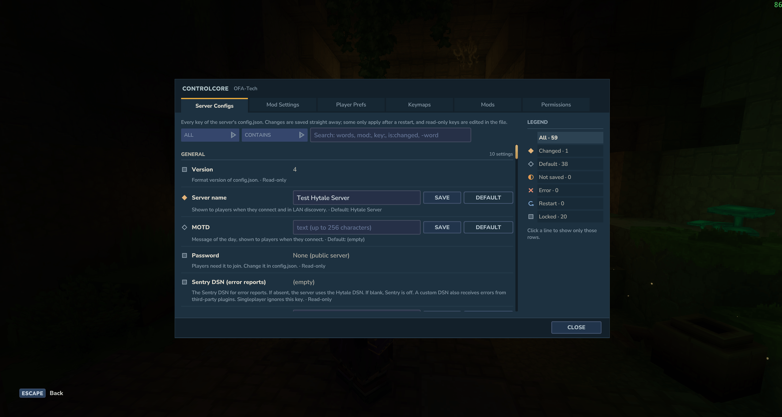 The ControlCore panel: Server Configs with the legend