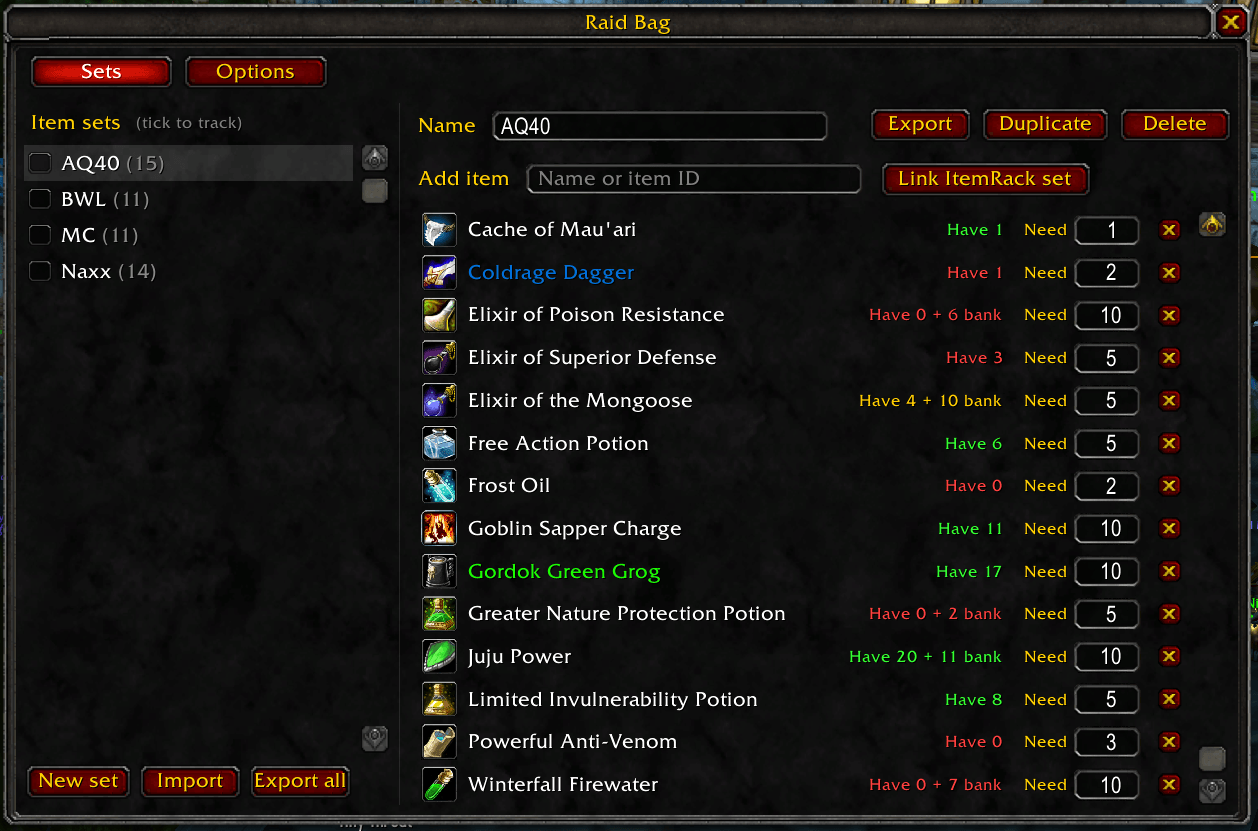 Item setup page