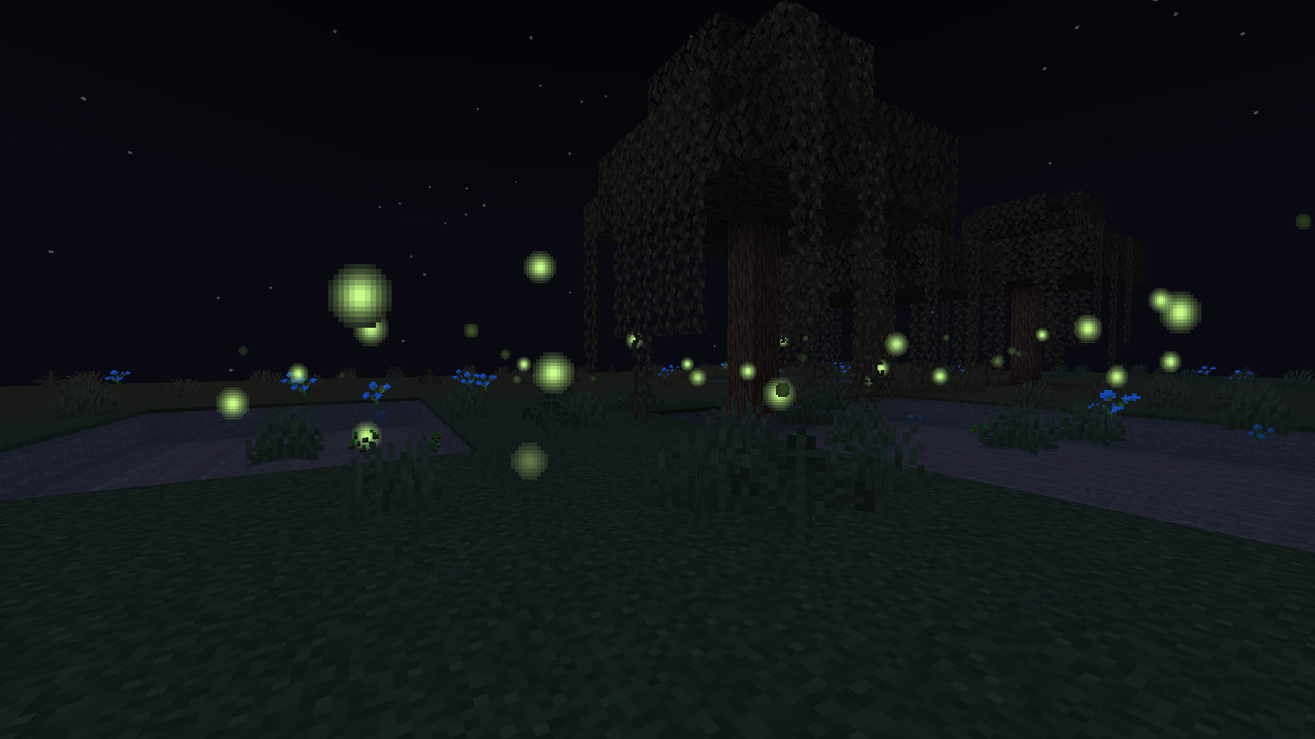 Thumbnail Night in a swamp: dozens of fireflies blinking among the willows and the pools.